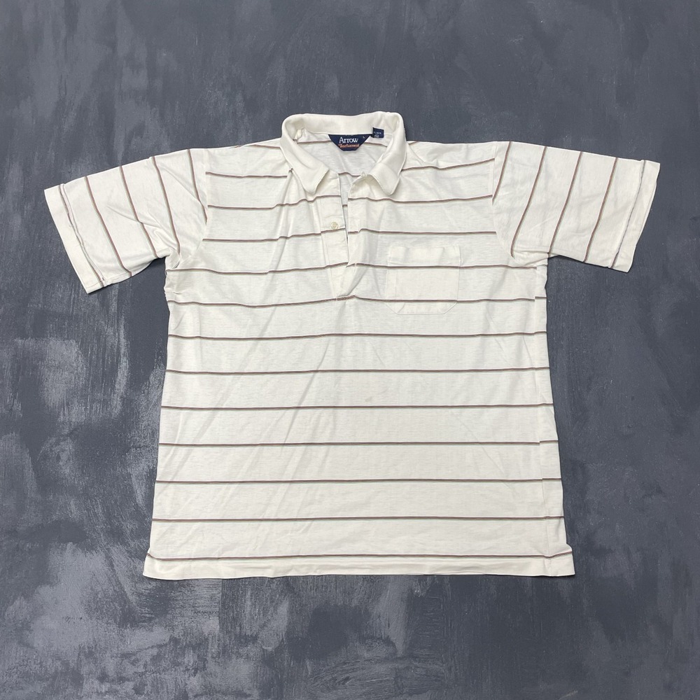 Vintage‎ Arrow striped polo shirt mens Large white 1980s pocket loop collar